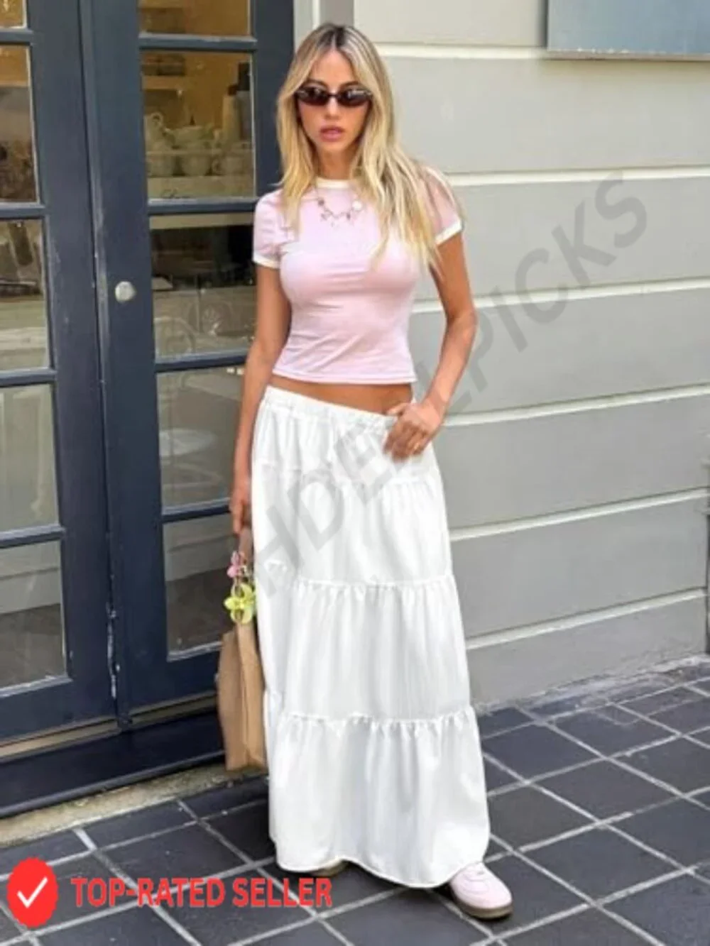 Maxi Skirt Boho Flowy Flared Ruffle Beach Vacation Summer Going Out - Picture 2 of 6